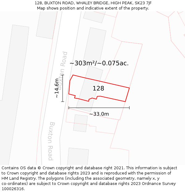 128, BUXTON ROAD, WHALEY BRIDGE, HIGH PEAK, SK23 7JF: Plot and title map