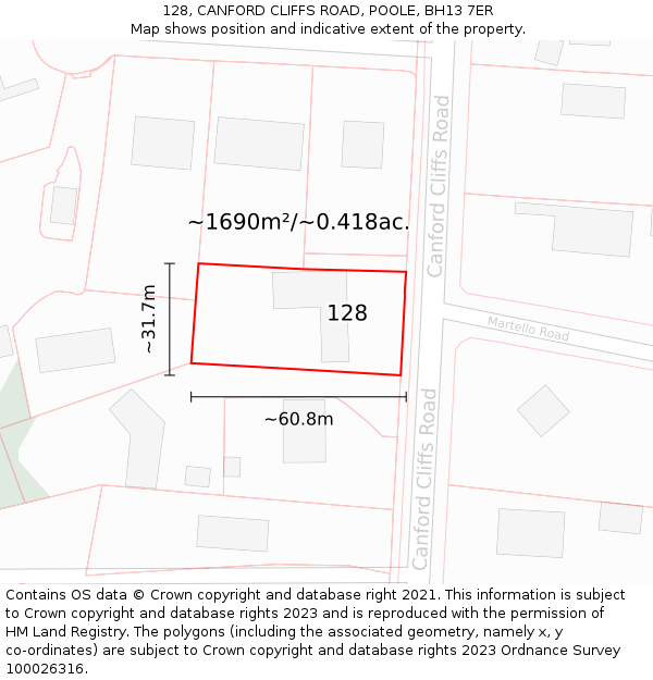 128, CANFORD CLIFFS ROAD, POOLE, BH13 7ER: Plot and title map