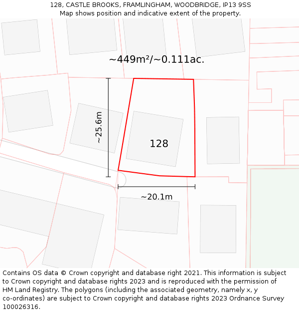 128, CASTLE BROOKS, FRAMLINGHAM, WOODBRIDGE, IP13 9SS: Plot and title map