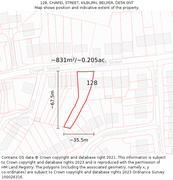 128, CHAPEL STREET, KILBURN, BELPER, DE56 0NT: Plot and title map