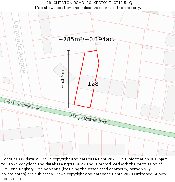 128, CHERITON ROAD, FOLKESTONE, CT19 5HQ: Plot and title map