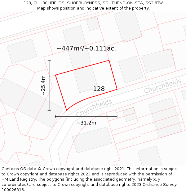 128, CHURCHFIELDS, SHOEBURYNESS, SOUTHEND-ON-SEA, SS3 8TW: Plot and title map