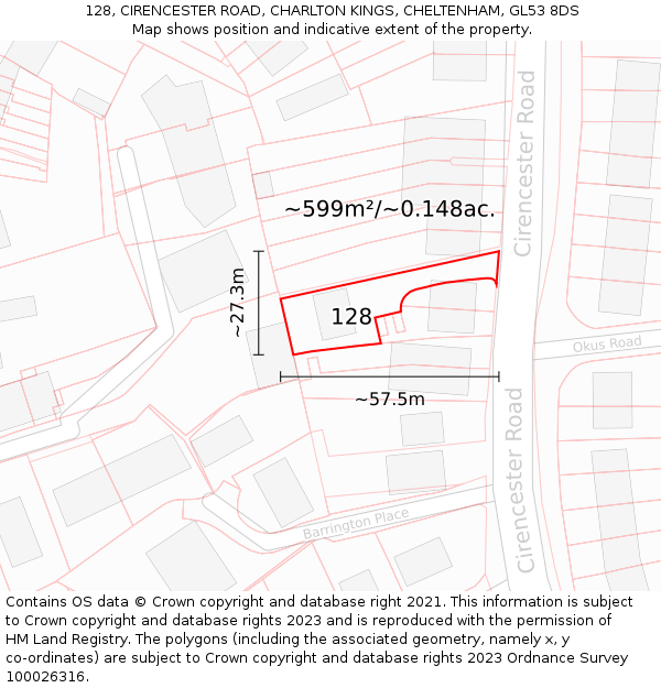 128, CIRENCESTER ROAD, CHARLTON KINGS, CHELTENHAM, GL53 8DS: Plot and title map