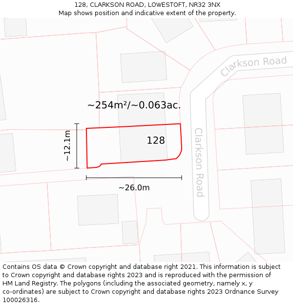 128, CLARKSON ROAD, LOWESTOFT, NR32 3NX: Plot and title map
