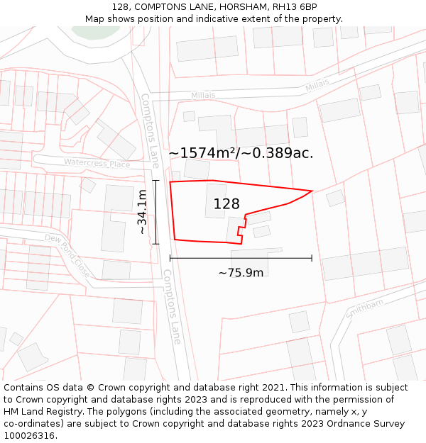 128, COMPTONS LANE, HORSHAM, RH13 6BP: Plot and title map