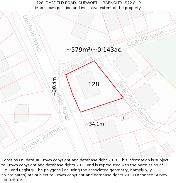 128, DARFIELD ROAD, CUDWORTH, BARNSLEY, S72 8HP: Plot and title map