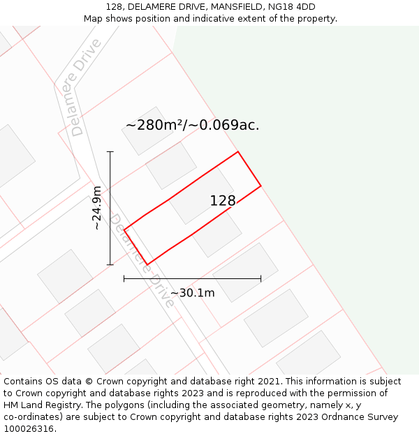 128, DELAMERE DRIVE, MANSFIELD, NG18 4DD: Plot and title map
