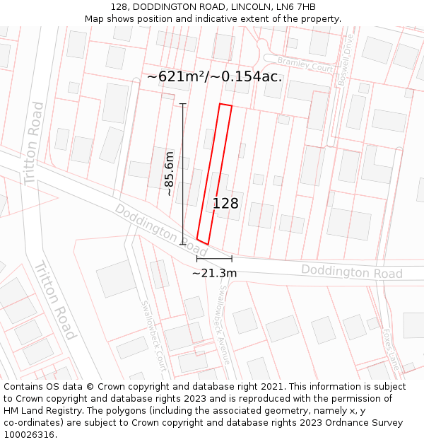 128, DODDINGTON ROAD, LINCOLN, LN6 7HB: Plot and title map