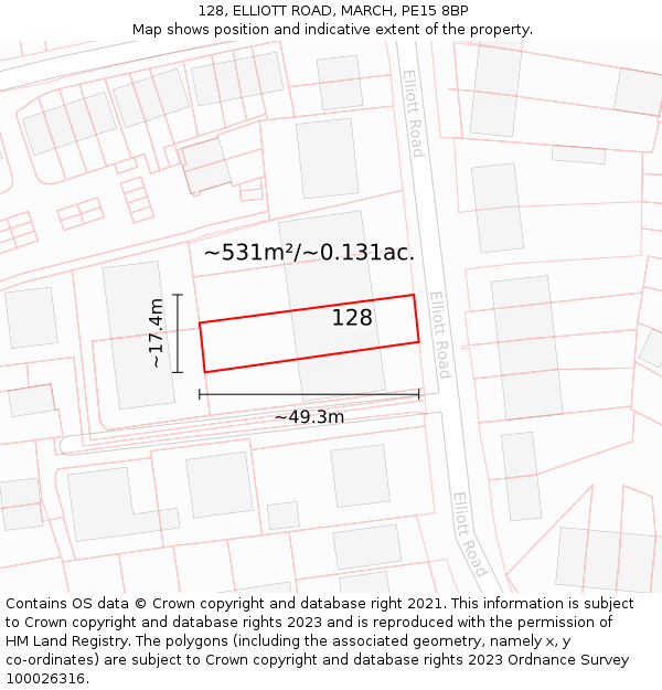 128, ELLIOTT ROAD, MARCH, PE15 8BP: Plot and title map