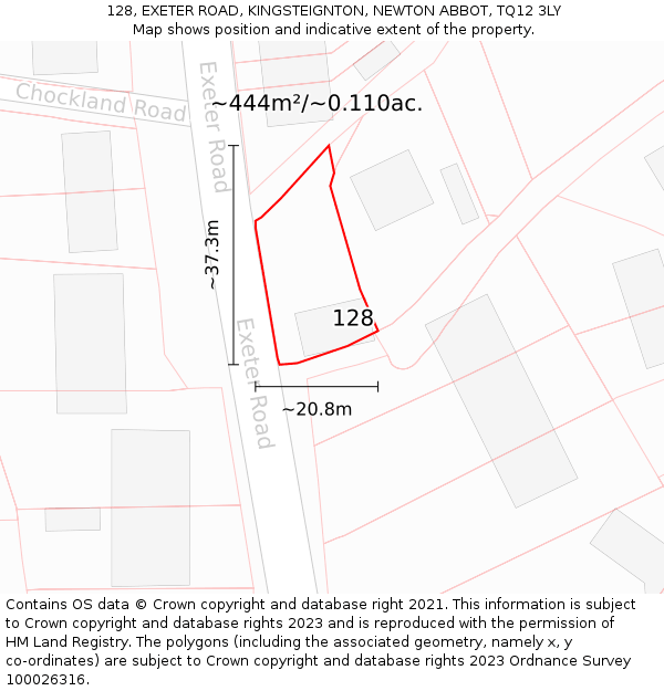 128, EXETER ROAD, KINGSTEIGNTON, NEWTON ABBOT, TQ12 3LY: Plot and title map