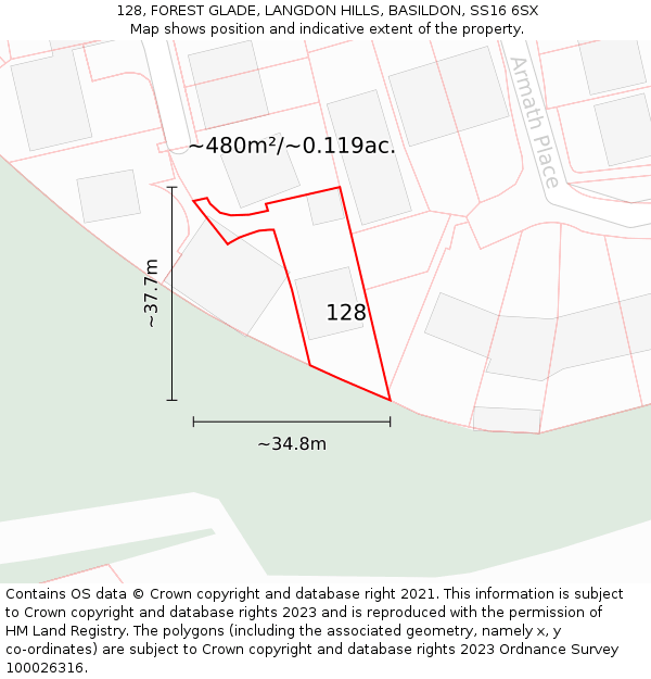 128, FOREST GLADE, LANGDON HILLS, BASILDON, SS16 6SX: Plot and title map