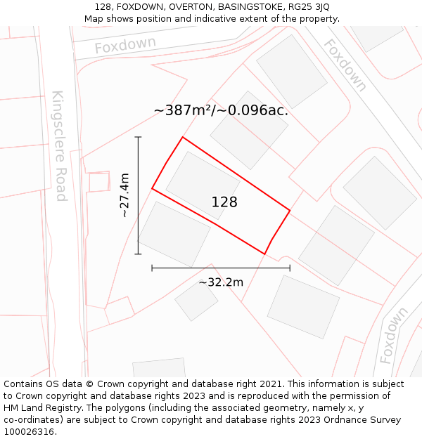 128, FOXDOWN, OVERTON, BASINGSTOKE, RG25 3JQ: Plot and title map