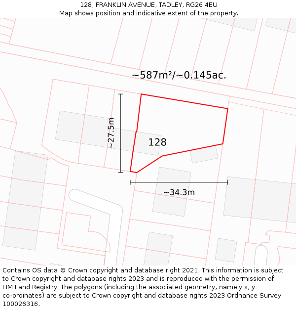 128, FRANKLIN AVENUE, TADLEY, RG26 4EU: Plot and title map