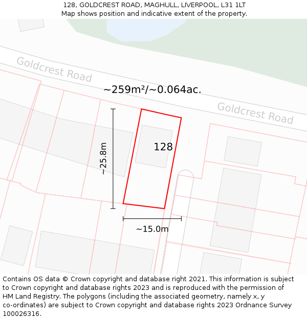128, GOLDCREST ROAD, MAGHULL, LIVERPOOL, L31 1LT: Plot and title map