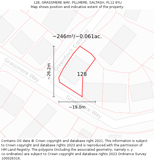 128, GRASSMERE WAY, PILLMERE, SALTASH, PL12 6YU: Plot and title map