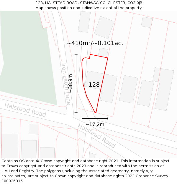 128, HALSTEAD ROAD, STANWAY, COLCHESTER, CO3 0JR: Plot and title map