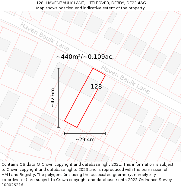 128, HAVENBAULK LANE, LITTLEOVER, DERBY, DE23 4AG: Plot and title map