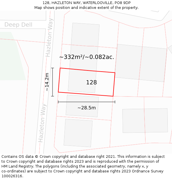 128, HAZLETON WAY, WATERLOOVILLE, PO8 9DP: Plot and title map