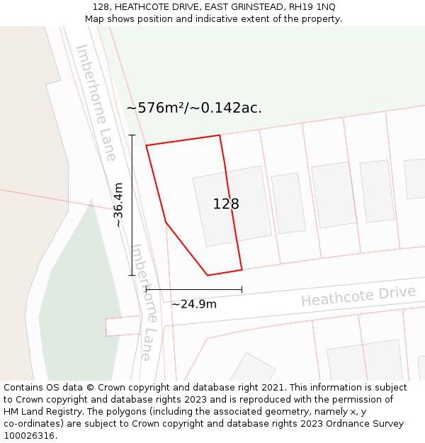 128, HEATHCOTE DRIVE, EAST GRINSTEAD, RH19 1NQ: Plot and title map
