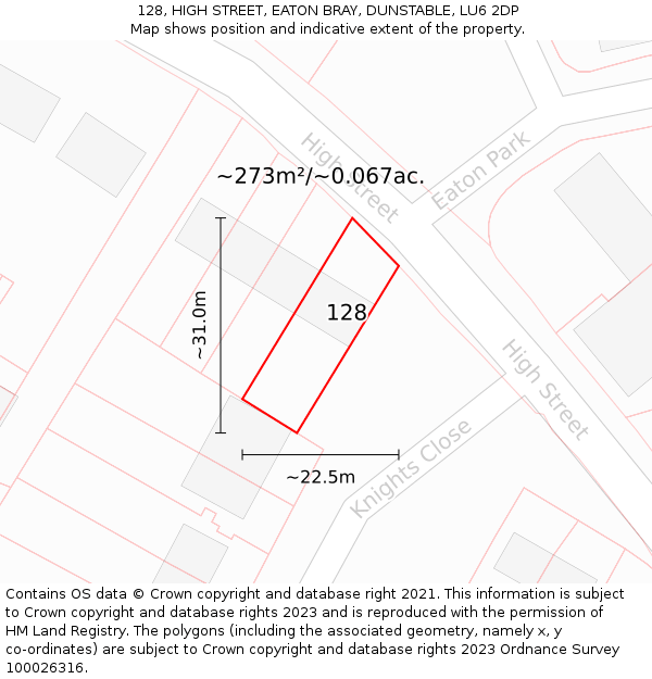 128, HIGH STREET, EATON BRAY, DUNSTABLE, LU6 2DP: Plot and title map