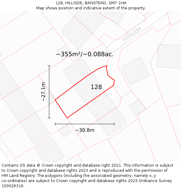 128, HILLSIDE, BANSTEAD, SM7 1HA: Plot and title map