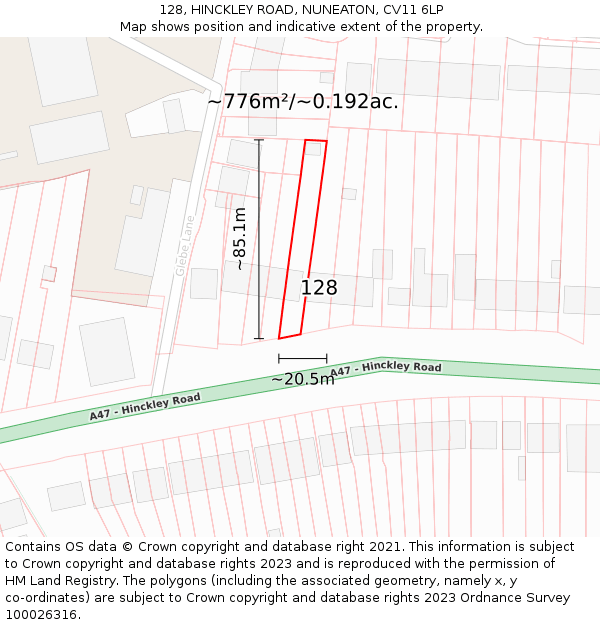 128, HINCKLEY ROAD, NUNEATON, CV11 6LP: Plot and title map