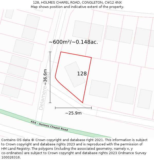 128, HOLMES CHAPEL ROAD, CONGLETON, CW12 4NX: Plot and title map
