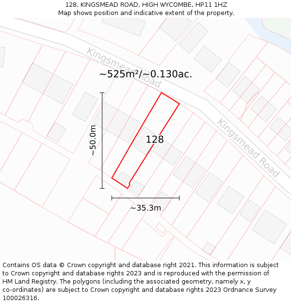 128, KINGSMEAD ROAD, HIGH WYCOMBE, HP11 1HZ: Plot and title map