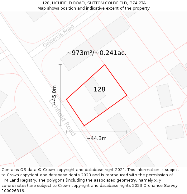 128, LICHFIELD ROAD, SUTTON COLDFIELD, B74 2TA: Plot and title map