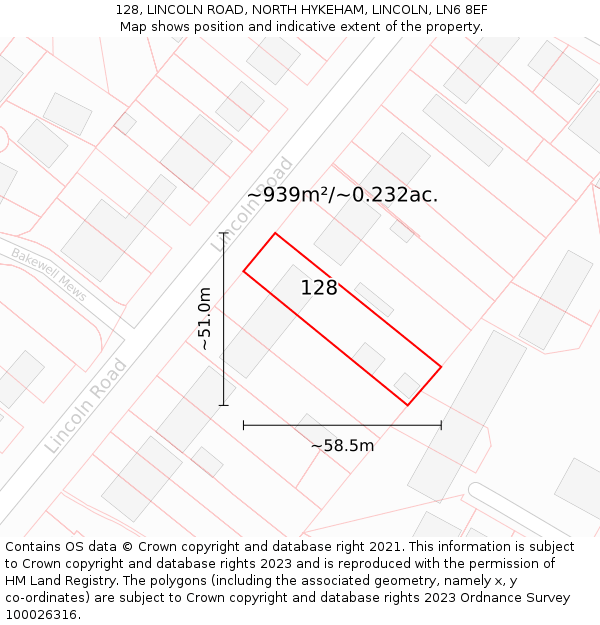 128, LINCOLN ROAD, NORTH HYKEHAM, LINCOLN, LN6 8EF: Plot and title map