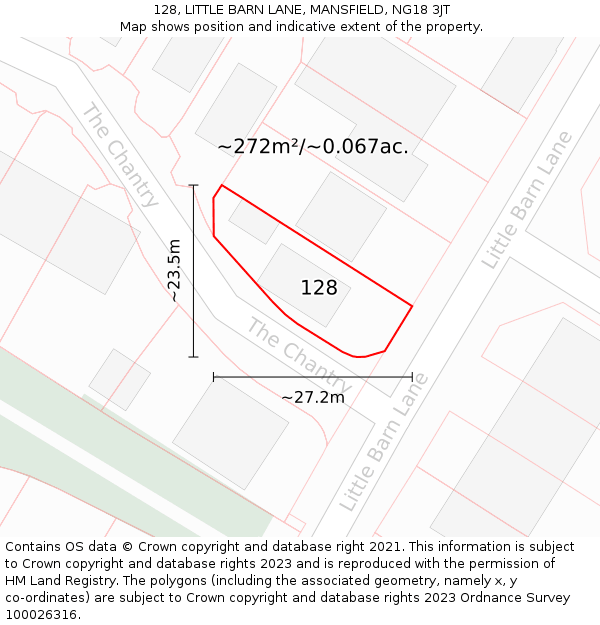 128, LITTLE BARN LANE, MANSFIELD, NG18 3JT: Plot and title map