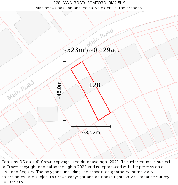 128, MAIN ROAD, ROMFORD, RM2 5HS: Plot and title map