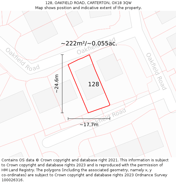 128, OAKFIELD ROAD, CARTERTON, OX18 3QW: Plot and title map