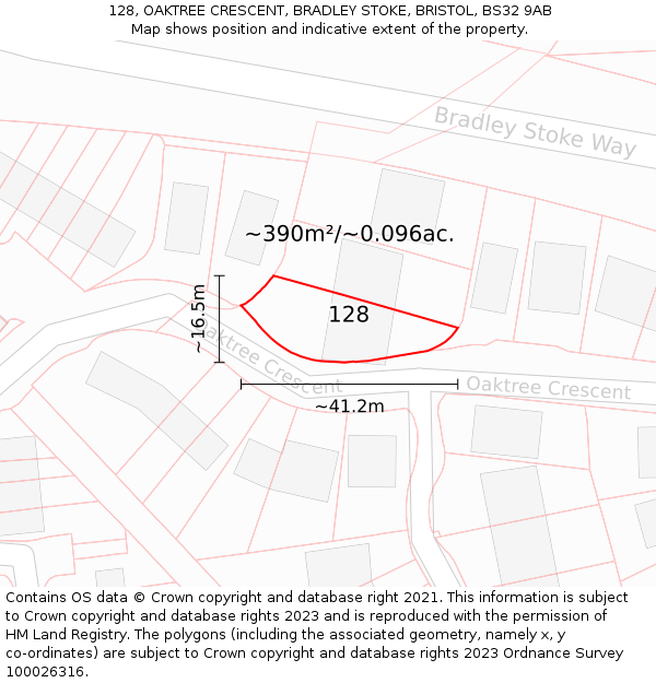 128, OAKTREE CRESCENT, BRADLEY STOKE, BRISTOL, BS32 9AB: Plot and title map