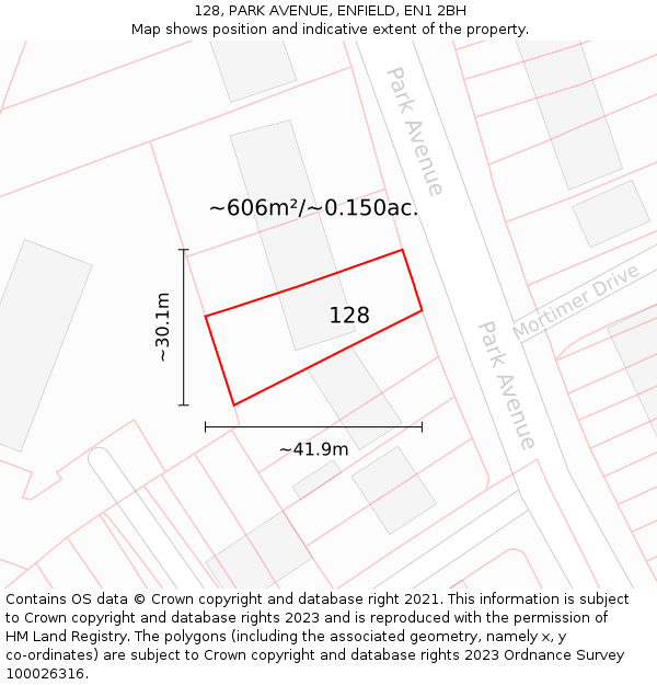 128, PARK AVENUE, ENFIELD, EN1 2BH: Plot and title map