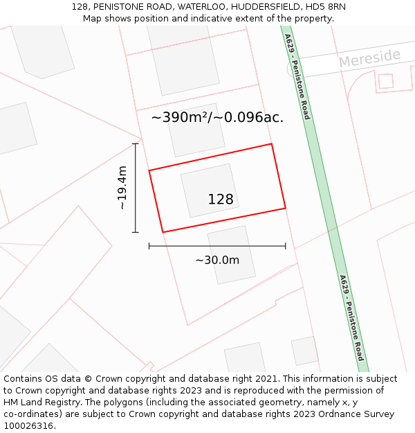 128, PENISTONE ROAD, WATERLOO, HUDDERSFIELD, HD5 8RN: Plot and title map
