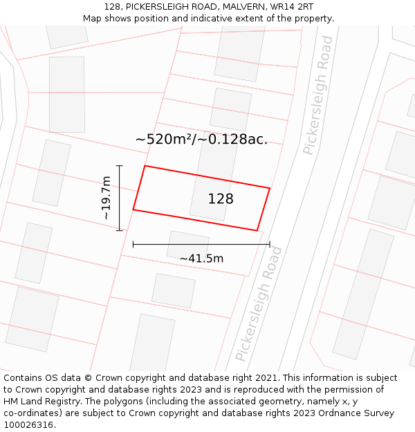 128, PICKERSLEIGH ROAD, MALVERN, WR14 2RT: Plot and title map