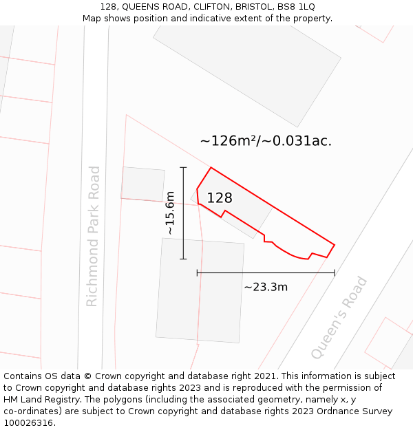 128, QUEENS ROAD, CLIFTON, BRISTOL, BS8 1LQ: Plot and title map