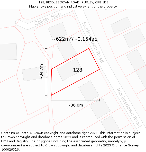 128, RIDDLESDOWN ROAD, PURLEY, CR8 1DE: Plot and title map