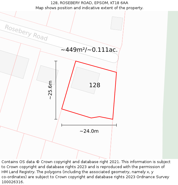 128, ROSEBERY ROAD, EPSOM, KT18 6AA: Plot and title map