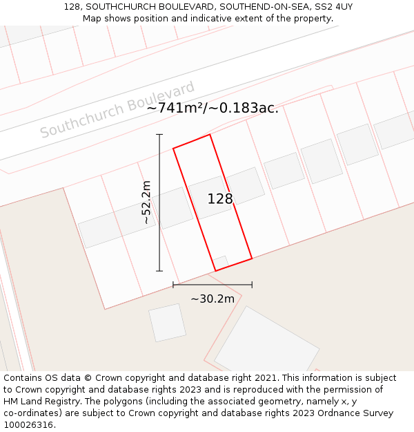 128, SOUTHCHURCH BOULEVARD, SOUTHEND-ON-SEA, SS2 4UY: Plot and title map