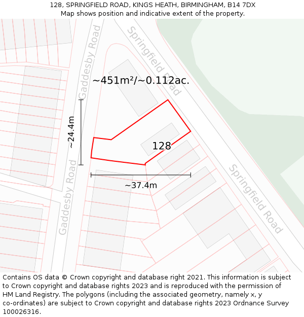 128, SPRINGFIELD ROAD, KINGS HEATH, BIRMINGHAM, B14 7DX: Plot and title map