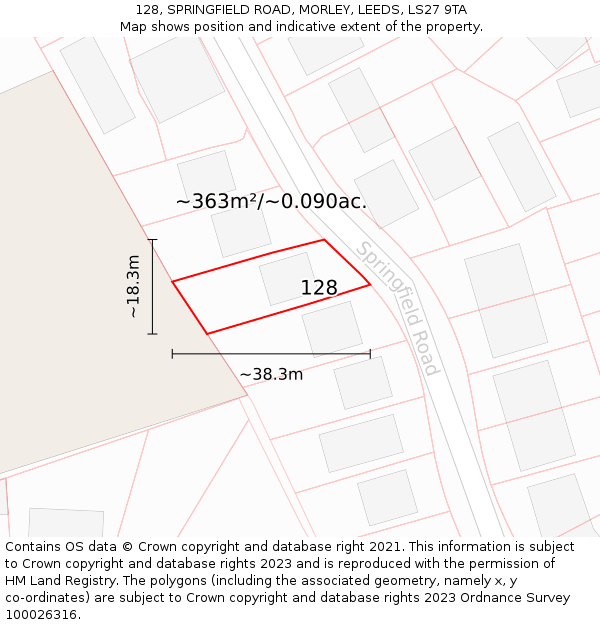 128, SPRINGFIELD ROAD, MORLEY, LEEDS, LS27 9TA: Plot and title map
