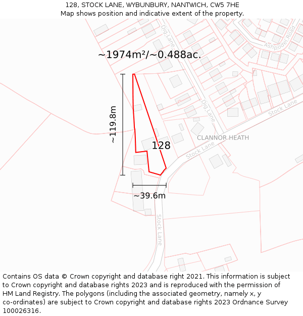 128, STOCK LANE, WYBUNBURY, NANTWICH, CW5 7HE: Plot and title map