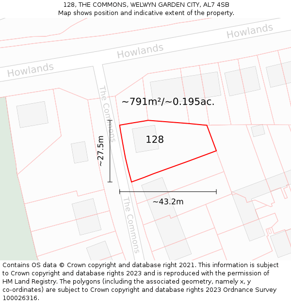 128, THE COMMONS, WELWYN GARDEN CITY, AL7 4SB: Plot and title map