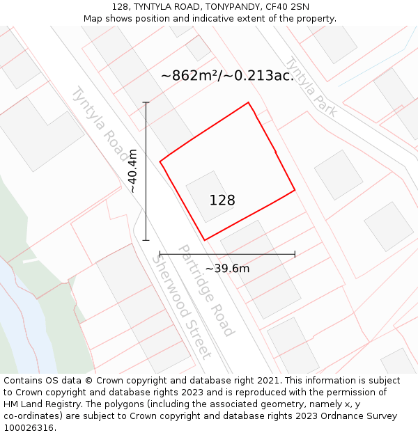128, TYNTYLA ROAD, TONYPANDY, CF40 2SN: Plot and title map