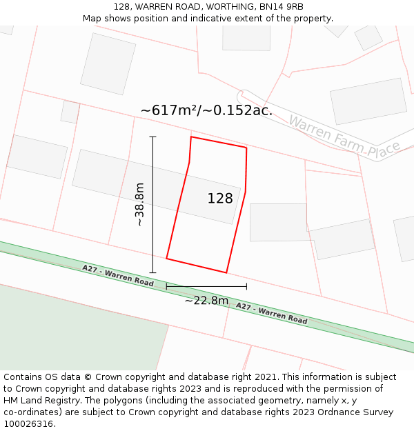 128, WARREN ROAD, WORTHING, BN14 9RB: Plot and title map