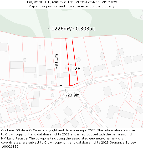 128, WEST HILL, ASPLEY GUISE, MILTON KEYNES, MK17 8DX: Plot and title map