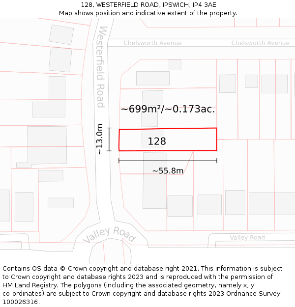 128, WESTERFIELD ROAD, IPSWICH, IP4 3AE: Plot and title map