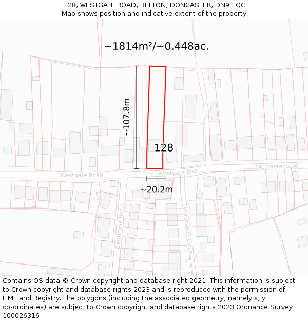 128, WESTGATE ROAD, BELTON, DONCASTER, DN9 1QG: Plot and title map
